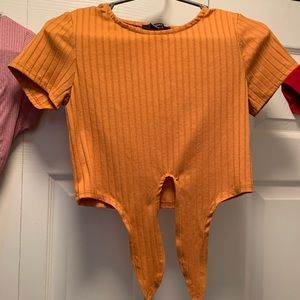 Forever 21 Front tie gold crop top